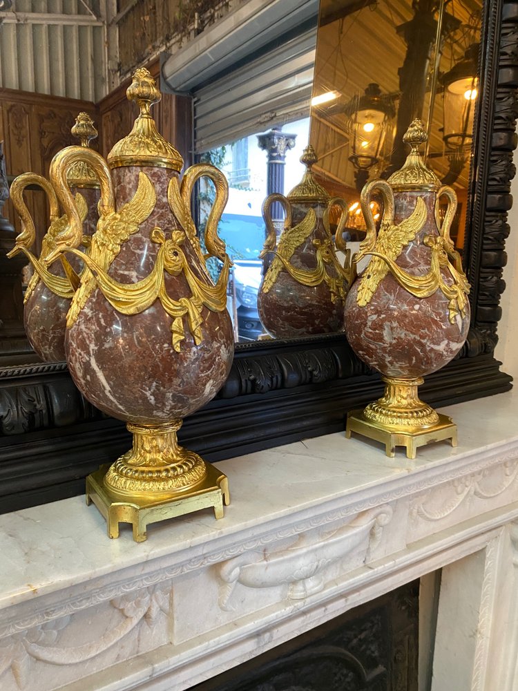 Pair of Louis XVI style cassolettes, Napoleon III period, in marble and gilded bronze