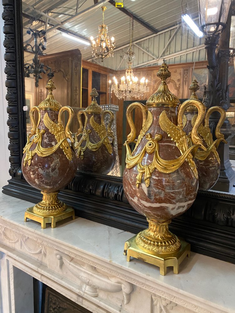 Pair of Louis XVI style cassolettes, Napoleon III period, in marble and gilded bronze