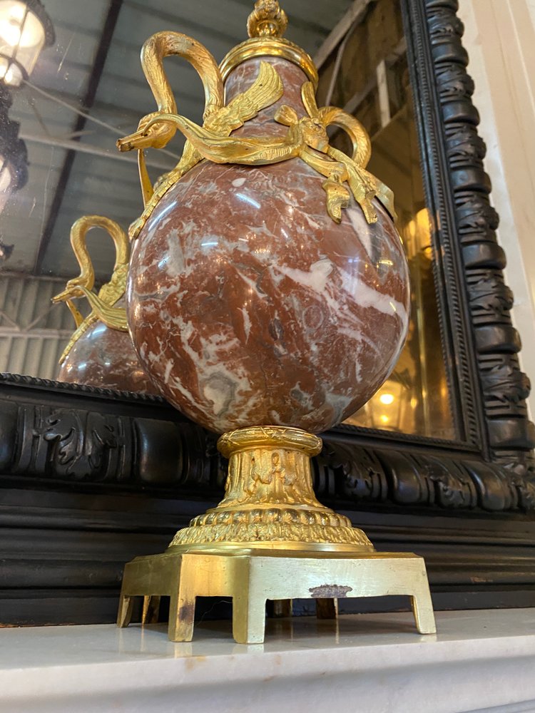 Pair of Louis XVI style cassolettes, Napoleon III period, in marble and gilded bronze