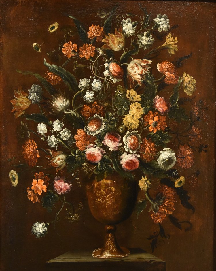 Andrea Scacciati (florence 1642-1710)  Composition Of Flowers Within Embossed Vase  (1 Of 3)