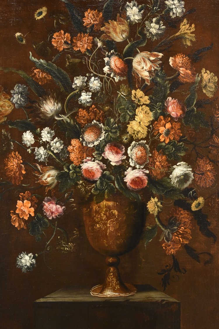 Andrea Scacciati (florence 1642-1710)  Composition Of Flowers Within Embossed Vase  (1 Of 3)