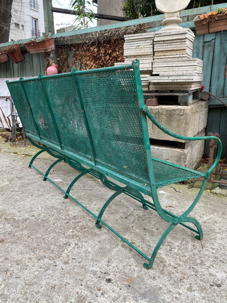 Large Banc De Jardin XIXème En Fer Forgé Et Maille Métallique Tressée