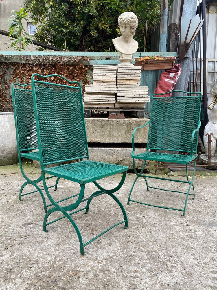 1 Fauteuil Et 2 Chaises De Jardin XIXème , En Fer Forgé, Assises Et Dossiers En Fer Plaités