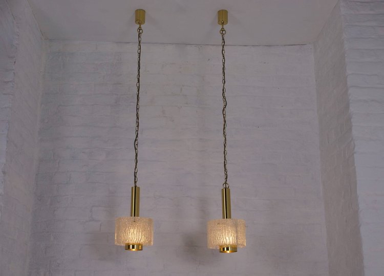 Hanging lamps in brass and Murano Ice Glass