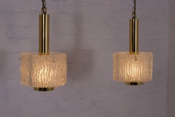 Hanging lamps in brass and Murano Ice Glass