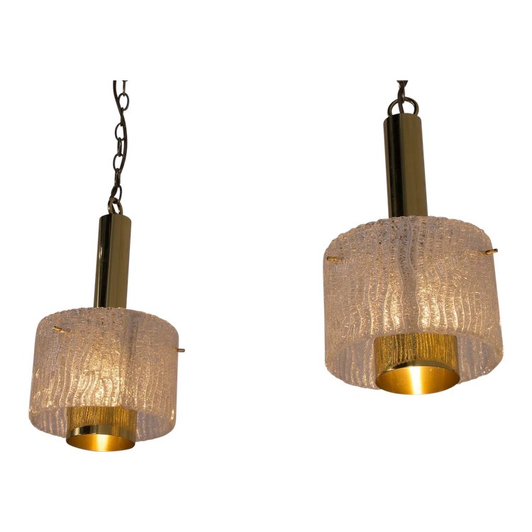 Hanging lamps in brass and Murano Ice Glass