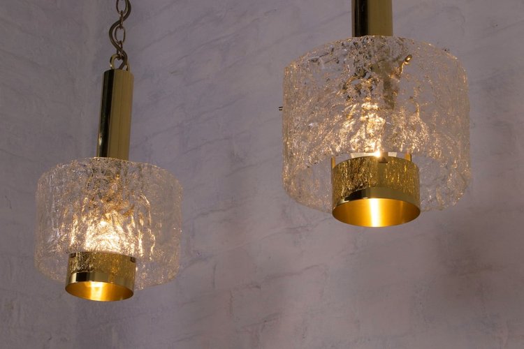 Hanging lamps in brass and Murano Ice Glass