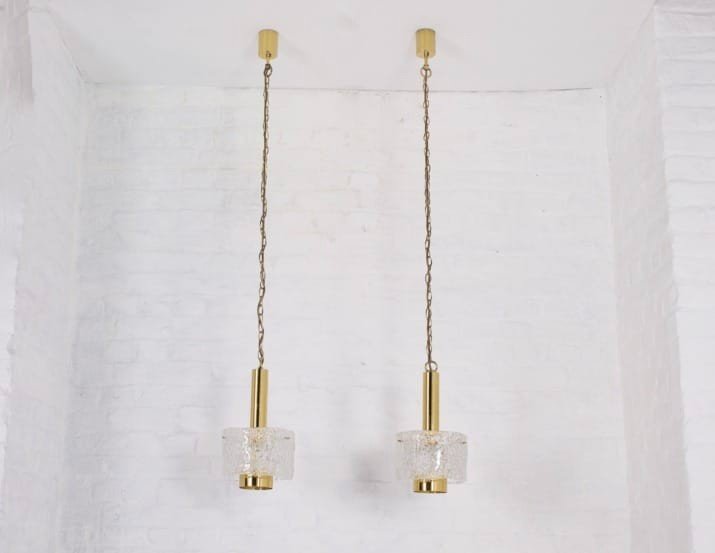 Hanging lamps in brass and Murano Ice Glass