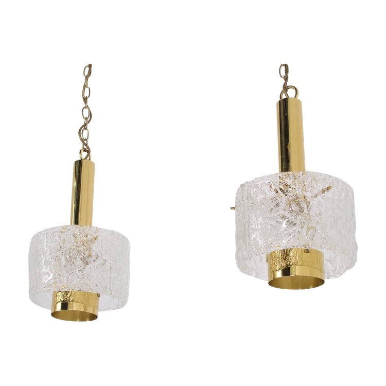 Hanging lamps in brass and Murano Ice Glass