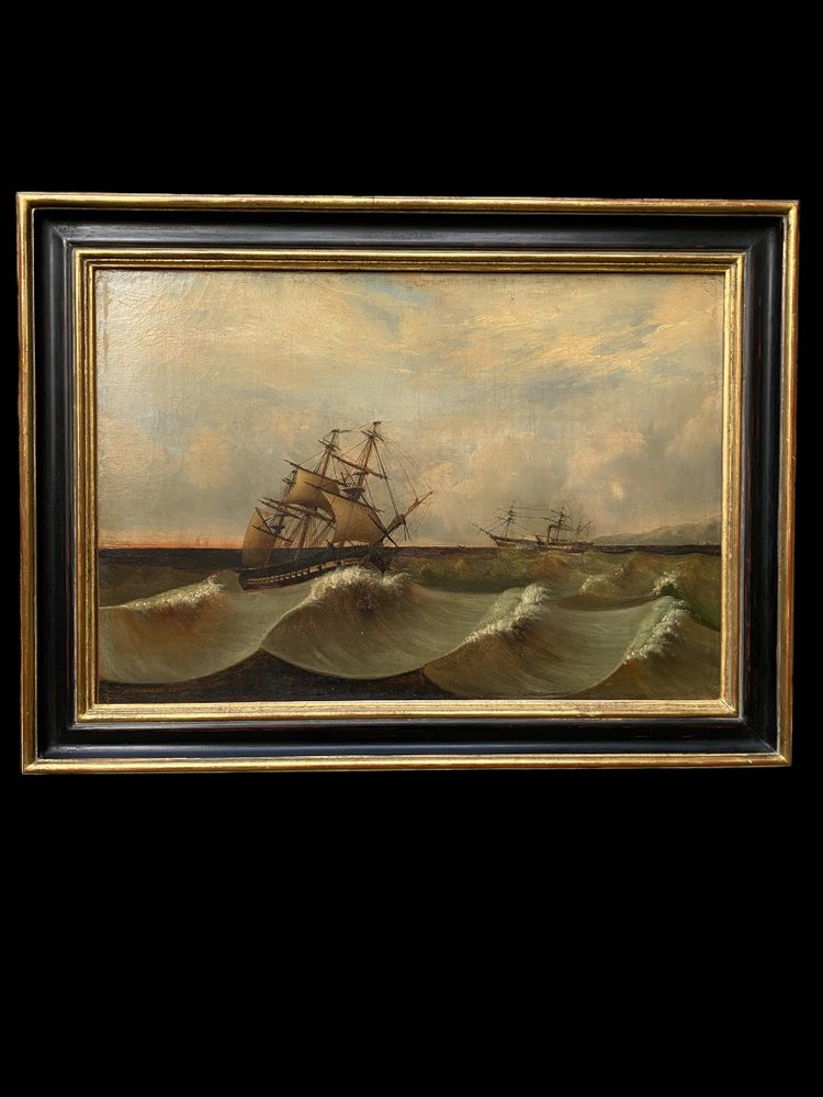 Grande Marine XIXème ,signiert Et datée 1845, Voilier , Pyroscaphe, 3 mats, Sturm...