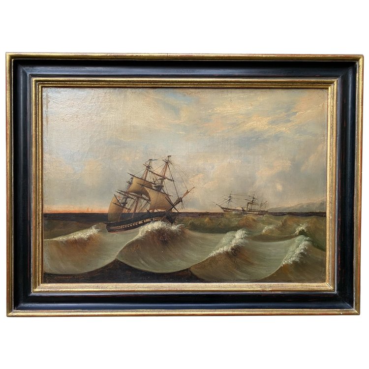 Grande Marine XIXème ,signiert Et datée 1845, Voilier , Pyroscaphe, 3 mats, Sturm...