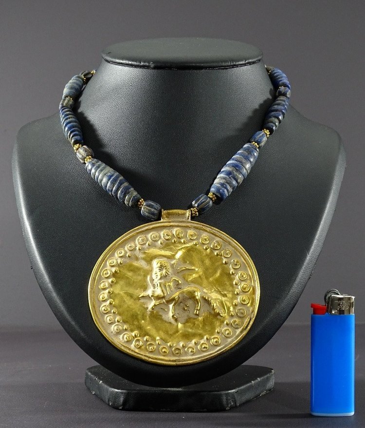 Afghanistan, Bactrian Civilization Style, Glass Beads and Gilded Bronze Medallion Necklace.