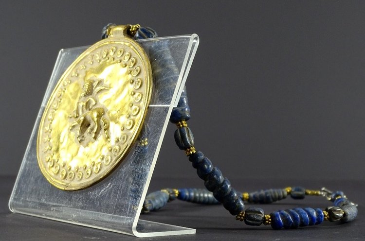 Afghanistan, Bactrian Civilization Style, Glass Beads and Gilded Bronze Medallion Necklace.