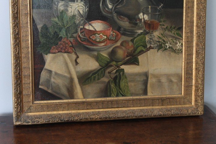 Antique oil painting on canvas Still Life 19th century signed DROUET . in gilded frame meas 68 x 58