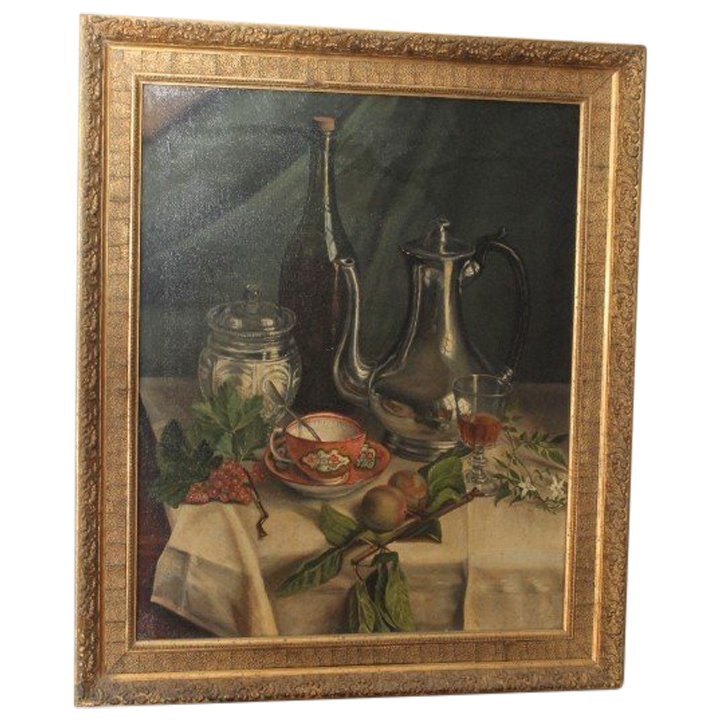 Antique oil painting on canvas Still Life 19th century signed DROUET . in gilded frame meas 68 x 58