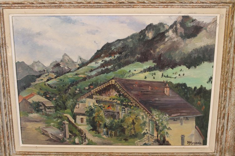 Paysage de Vailly près de Thonon-les-Bains Oil on canvas 20th century signed by Henri Huyard