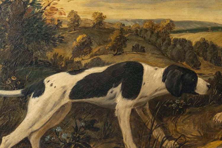 Jagdhunde, die den Halt markieren wichtiges Öl auf Leinwand im Stil von Desportes um 1850