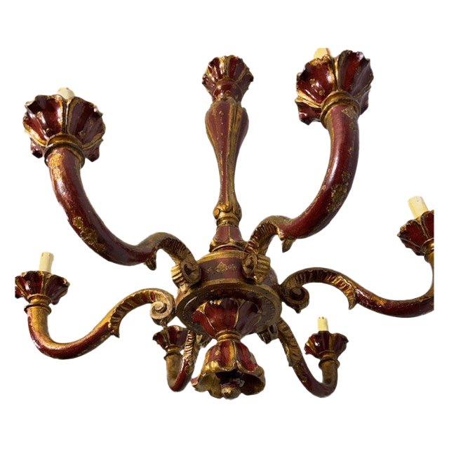 Antique Six Arm Chandelier 19th century era painted ruby and gold . All carved .