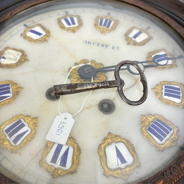 Antique Wall Clock "Ox Eye "walnut and rosewood , 1850 HOTTOT marble dial