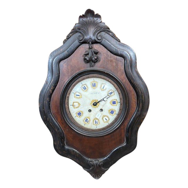 Horloge murale ancienne 'Ox-eye' en noyer et bois de rose, 1850 Cadran en marbre HOTTOT