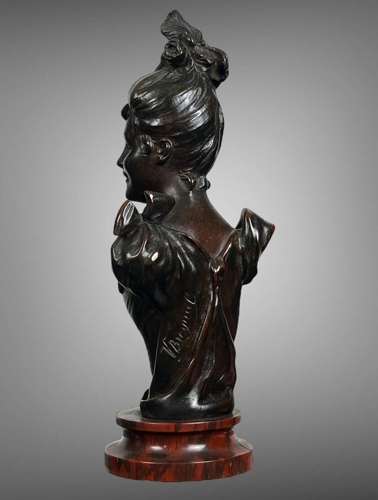 BRONZO ANTICO DI VICTOR LÉOPOLD BRUYNEEL 1849 RAFFIGURANTE UNA DONNA ELEGANTE