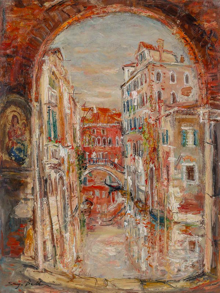 Serge Belloni " The painter of Paris " - View of a Canal in Venice oil on cardboard circa 1970