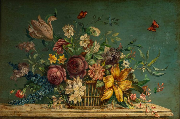 Bouquet di fiori su una trabeazione in pietra olio su tavola 1880-1890 ca.