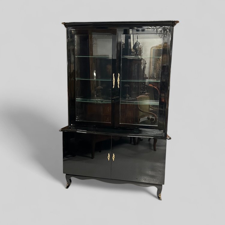 Buffet Deux Corps En Vitrine Des Années 1950 Laqué Noir - bibliothèque 