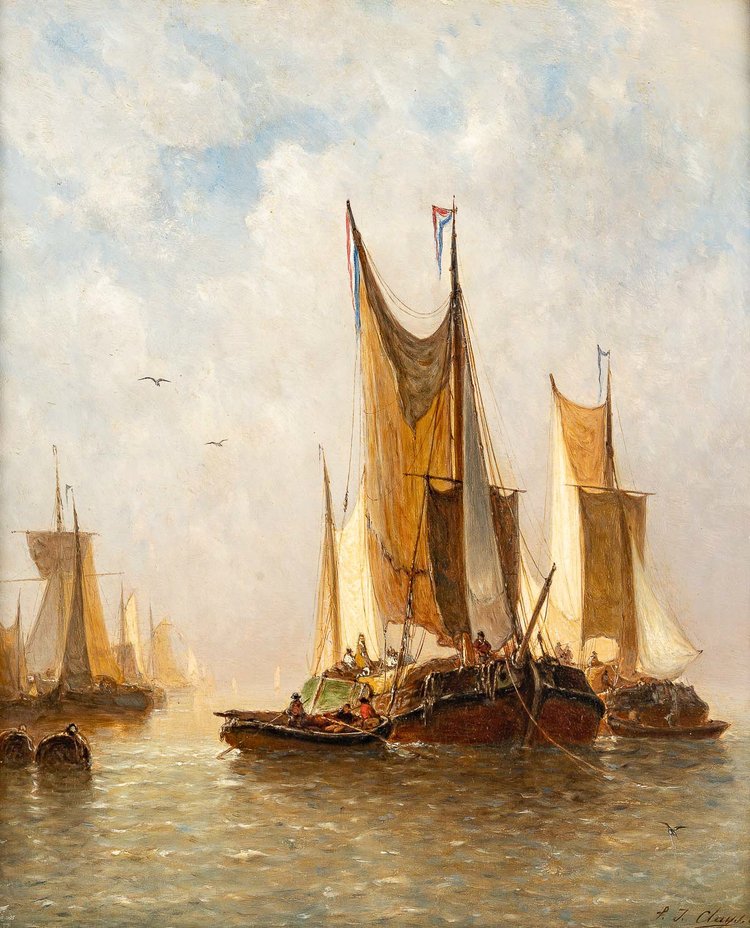 Paul Jean Clays (1817-1900) Fischerboote in der Nordsee Öl auf Mahagoniplatte um 1864