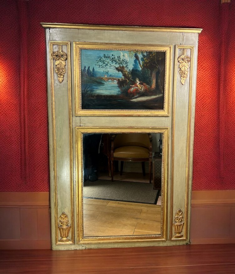 TRUMEAU IN LEGNO LACCATO DEL XVIII SECOLO DEL PERIODO LOUIS XVI CON LA SUA PITTURA ORIGINALE