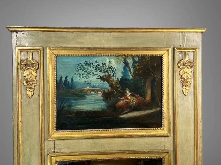 TRUMEAU IN LEGNO LACCATO DEL XVIII SECOLO DEL PERIODO LOUIS XVI CON LA SUA PITTURA ORIGINALE