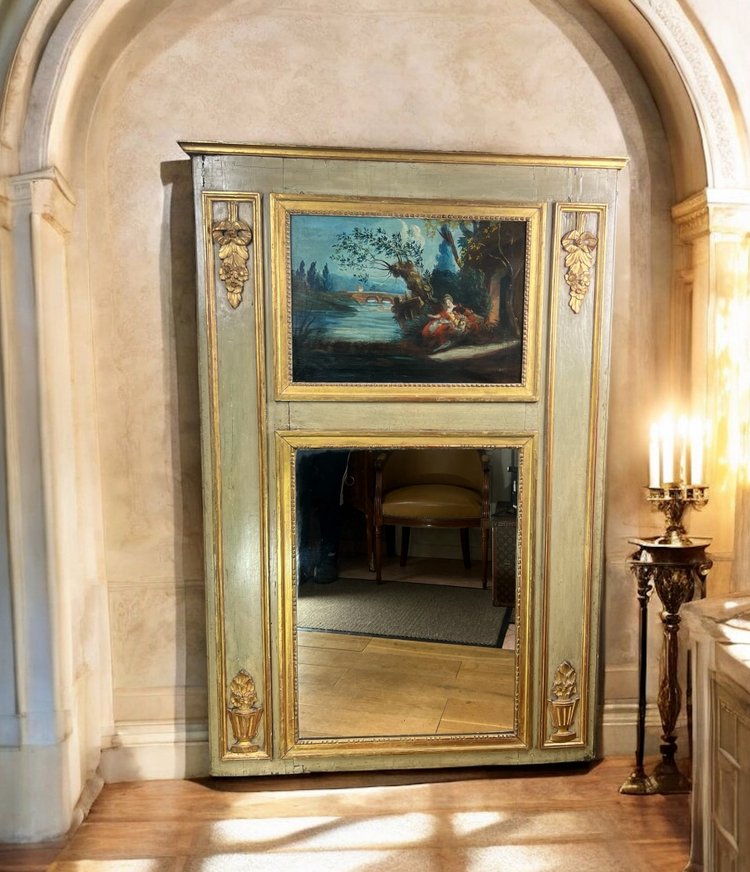 TRUMEAU IN LEGNO LACCATO DEL XVIII SECOLO DEL PERIODO LOUIS XVI CON LA SUA PITTURA ORIGINALE