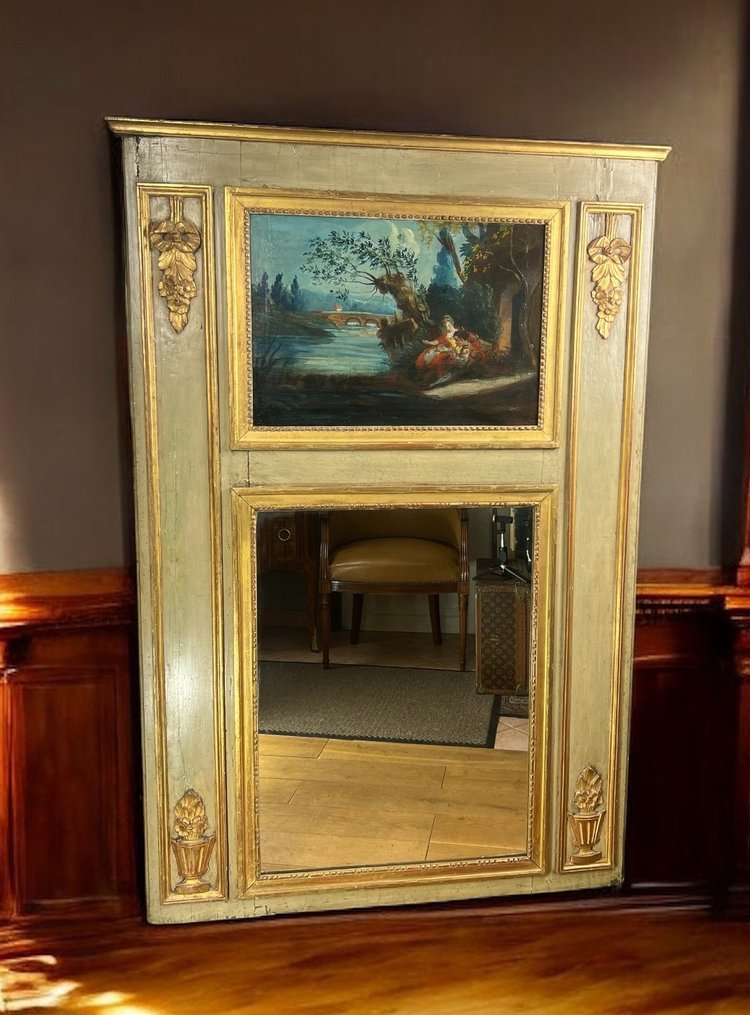 TRUMEAU IN LEGNO LACCATO DEL XVIII SECOLO DEL PERIODO LOUIS XVI CON LA SUA PITTURA ORIGINALE