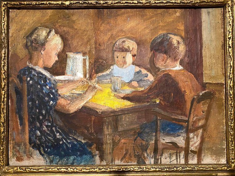 Jeanne Champillou. Il pranzo dei bambini. Olio su tela con cornice. Inizio del XX secolo.