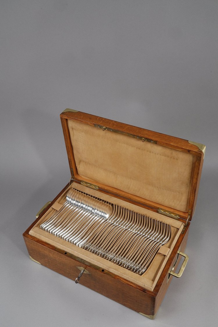 FLATWARE SILVER IN AN OAK CASE BY ALFONSE DEBAIN GOLDSMITH IN PARIS