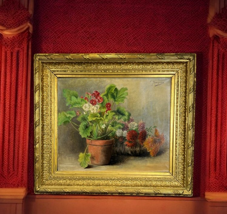 HOLZ AUF LINIE, UNTERSCHRIEBEN " LOUISE JASSOGNE " NATURE MORTE PRIMEVÈRES et DAHLIAS