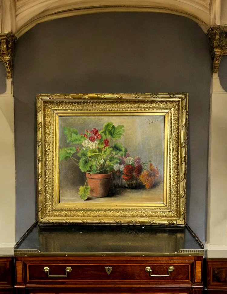 HOLZ AUF LINIE, UNTERSCHRIEBEN " LOUISE JASSOGNE " NATURE MORTE PRIMEVÈRES et DAHLIAS