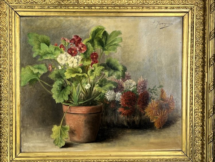 HOLZ AUF LINIE, UNTERSCHRIEBEN " LOUISE JASSOGNE " NATURE MORTE PRIMEVÈRES et DAHLIAS