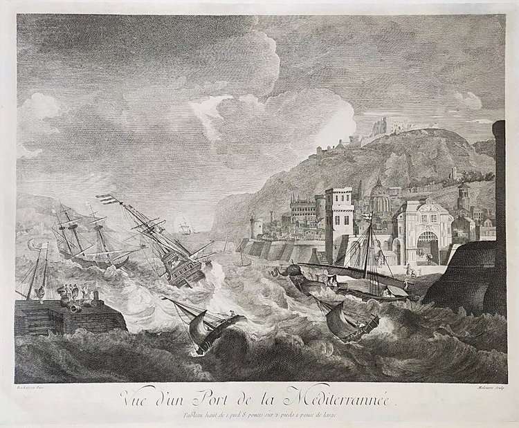  Gravure Ancienne Marine Port En Méditerranée d'après Ludolf Bakhuizen 18ème