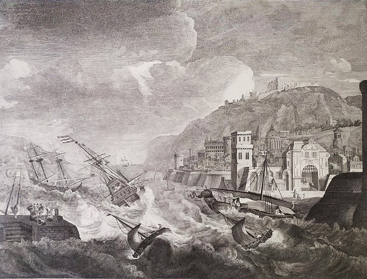  Gravure Ancienne Marine Port En Méditerranée d'après Ludolf Bakhuizen 18ème