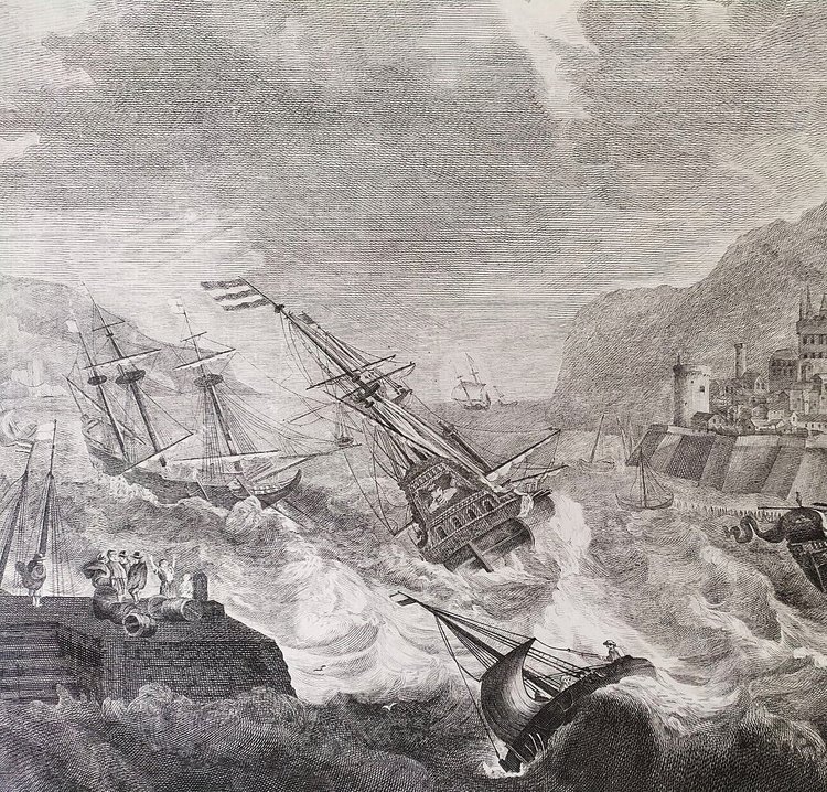  Gravure Ancienne Marine Port En Méditerranée d'après Ludolf Bakhuizen 18ème