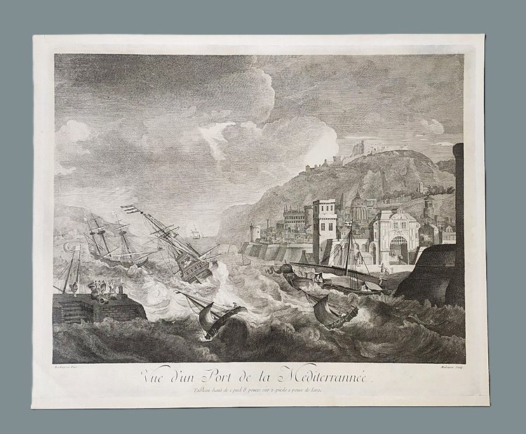  Gravure Ancienne Marine Port En Méditerranée d'après Ludolf Bakhuizen 18ème