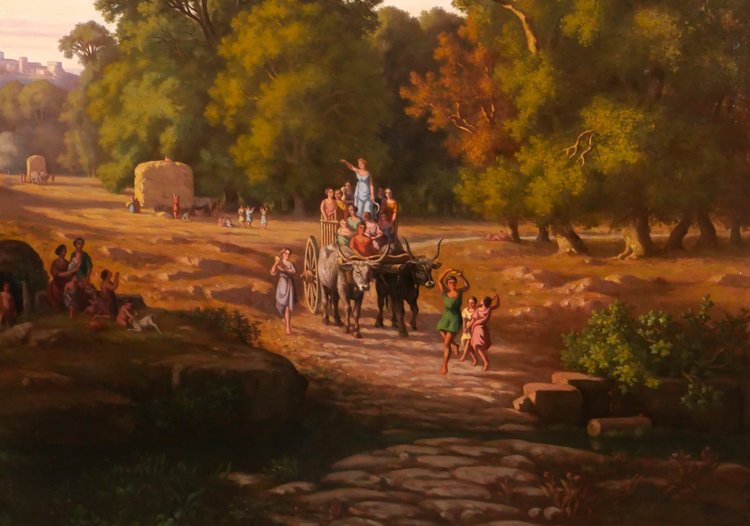 Gaspard ANRIOUD 1809-1866 Italia, festa del raccolto, paesaggio, grande dipinto, Romanticismo