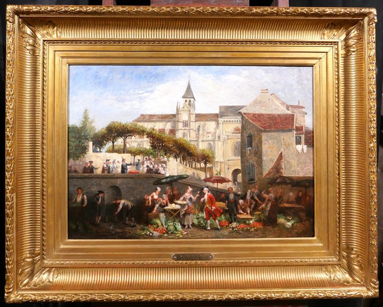 Adolphe François MONFALLET 1815-1900 Triel-sur-Seine (Yvelines), scène de marché, tableau, 1864