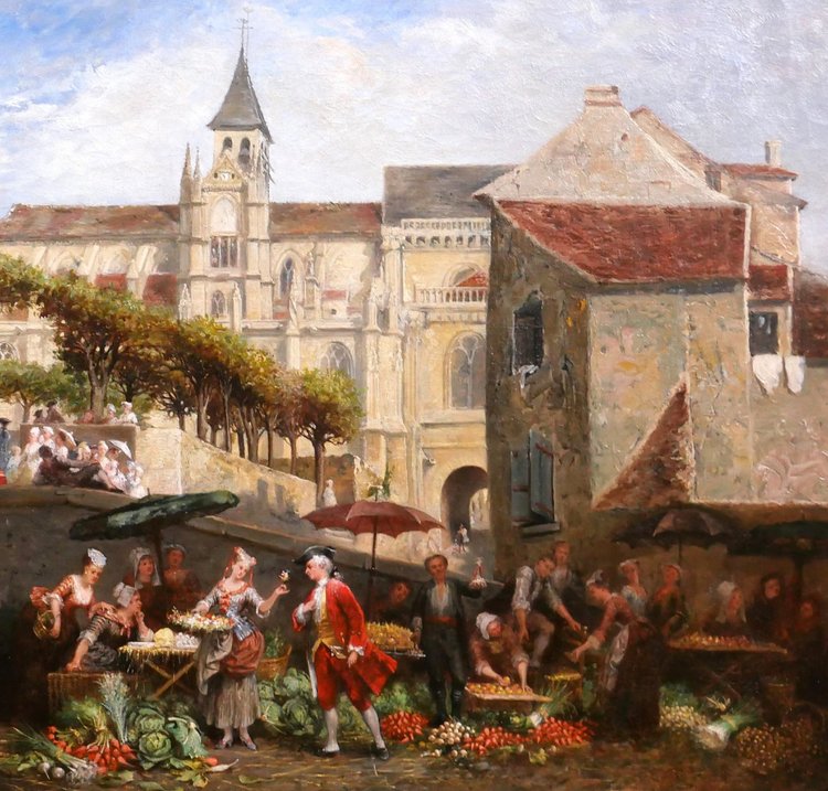 Adolphe François MONFALLET 1815-1900 Triel-sur-Seine (Yvelines), scène de marché, tableau, 1864