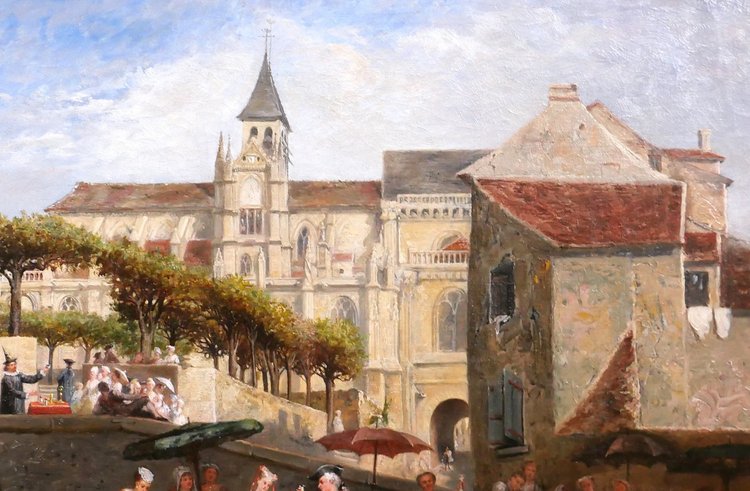 Adolphe François MONFALLET 1815-1900 Triel-sur-Seine (Yvelines), scène de marché, tableau, 1864