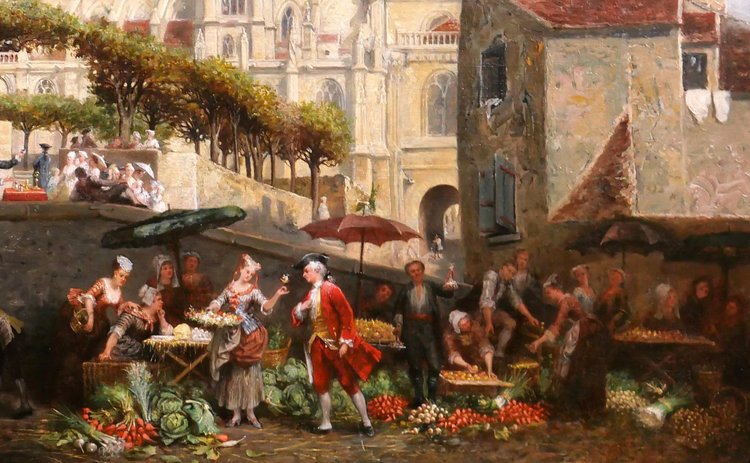 Adolphe François MONFALLET 1815-1900 Triel-sur-Seine (Yvelines), scène de marché, tableau, 1864