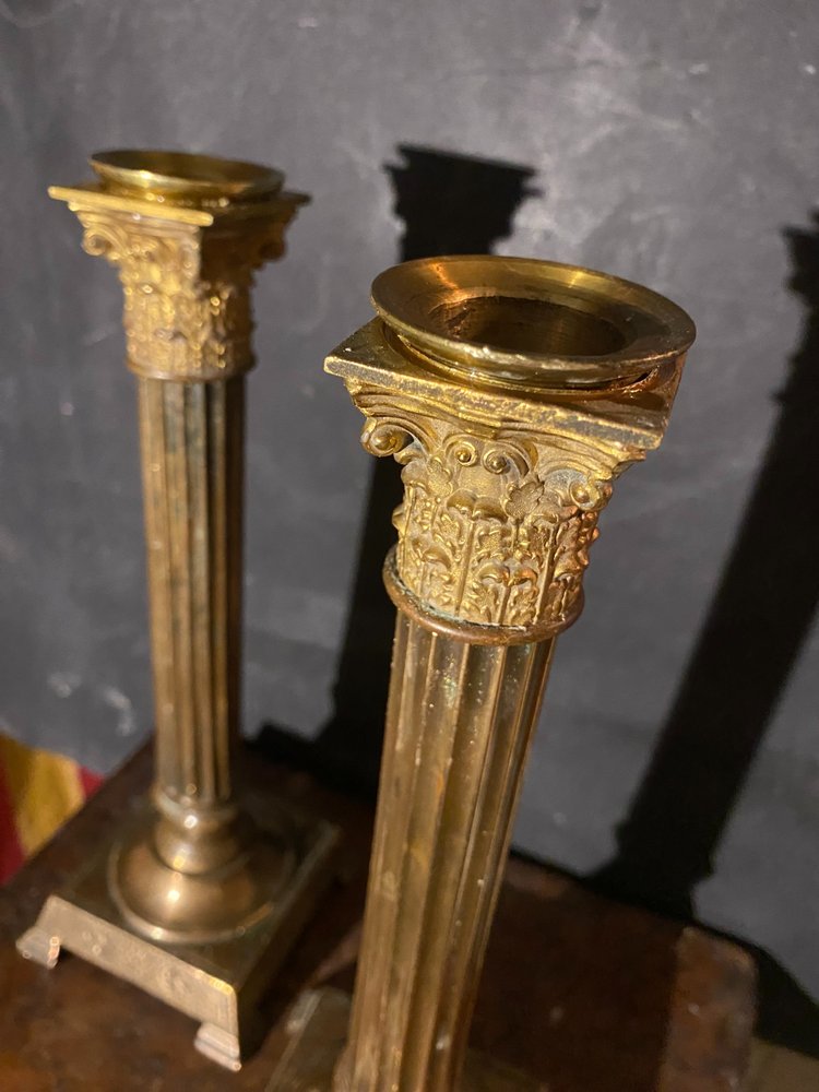  Very nice Pair of Corinthian column candlesticks in late 18th century bronze in the Louis XVI style