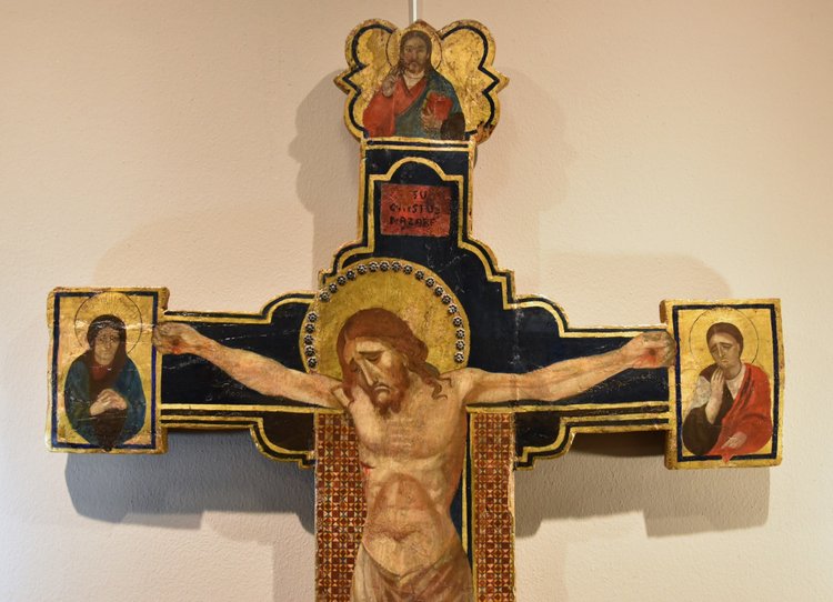 Antique Wooden Crucified Christ With God The Father, The Virgin And St. Joh