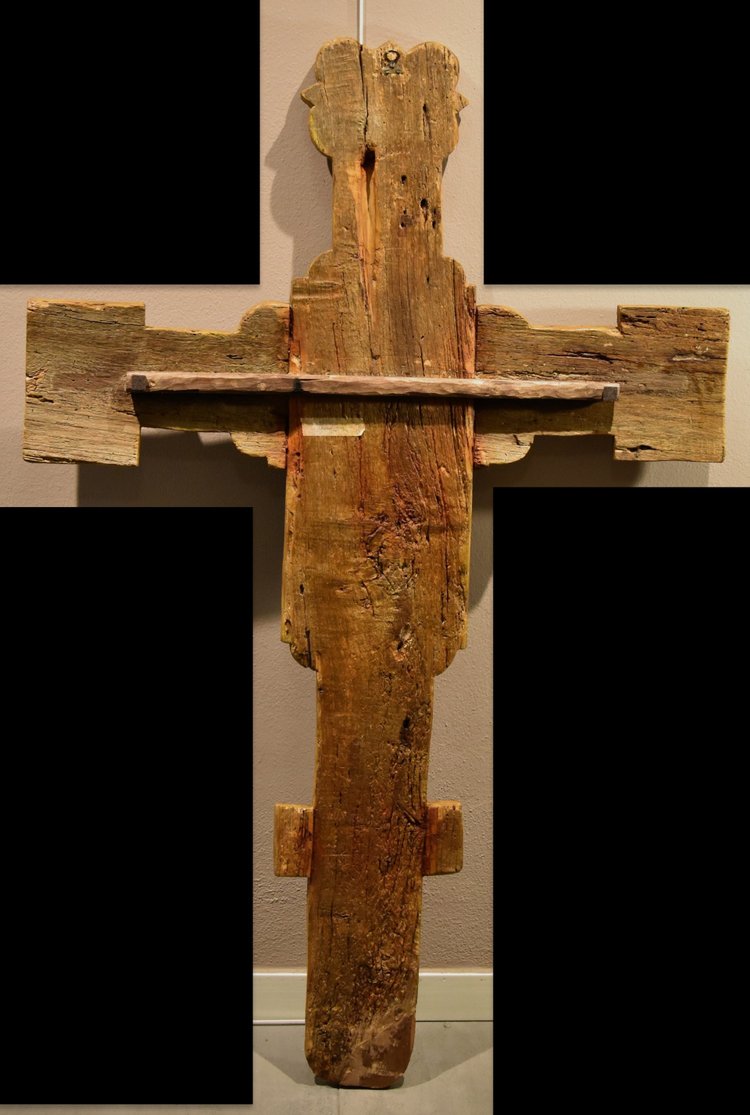 Antique Wooden Crucified Christ With God The Father, The Virgin And St. Joh